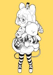 Rule 34 | 1girl, animal ears, blush, bow, braid, celesse souris, commentary request, crown, fur-trimmed jacket, fur trim, glasses, greyscale with colored background, hair bow, hugging object, indie virtual youtuber, jacket, long sleeves, looking away, looking to the side, matsuda kouta, mini crown, monochrome, mouse ears, mouse girl, mouse tail, off shoulder, open clothes, open jacket, paper crown, parted lips, round eyewear, shirt, shoes, simple background, skirt, sleeves past wrists, solo, standing, striped clothes, striped thighhighs, stuffed animal, stuffed toy, tail, teddy bear, thighhighs, virtual youtuber, yellow background