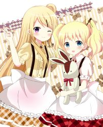 Rule 34 | 10s, 2girls, :d, ;), alice cartelet, alternate costume, apron, argyle, argyle clothes, argyle skirt, blonde hair, blue eyes, blush, bolo tie, breasts, brown skirt, buttons, clenched hand, closed mouth, collared shirt, cowboy shot, diagonal stripes, flower, frilled apron, frills, hair bun, hair ornament, hair stick, hairclip, highres, holding, holding stuffed toy, kin-iro mosaic, kujou karen, long hair, looking at viewer, multiple girls, one eye closed, open mouth, plaid, puffy short sleeves, puffy sleeves, purple eyes, red skirt, ryoutan, shirt, short hair, short sleeves, sidelocks, single hair bun, skirt, small breasts, smile, striped, striped background, stuffed animal, stuffed rabbit, stuffed toy, suspenders, teddy bear, twintails, v, waist apron, wavy hair, white apron, white shirt, x hair ornament, yellow shirt
