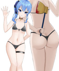 Rule 34 | 1girl, absurdres, alternate costume, arm behind back, ass, axe, bikini, blood on axe, blue eyes, blue hair, blue nails, breasts, butt crack, choker, commentary request, feet out of frame, from behind, golden axe (weapon), grey bikini, hand up, highres, hololive, hoshimachi suisei, legs, looking at viewer, multiple views, nail polish, navel, plaid, plaid bikini, side ponytail, sidelocks, simple background, skindentation, small breasts, solo, swimsuit, tamagotozi3420, teeth, thigh strap, thighs, thong bikini, underboob, virtual youtuber, waving, white background