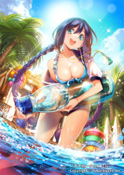 Rule 34 | 1girl, :d, bent over, bikini, bottle, braid, breasts, carrying, cleavage, collarbone, company name, copyright name, fisheye, front-tie top, green eyes, hair ornament, large breasts, long hair, looking at viewer, low twintails, navel, official art, open mouth, original, palm tree, popqn, purple hair, ramune (tenka touitsu chronicle), smile, solo, swimsuit, tenka touitsu chronicle, tree, twin braids, twintails, wading, watermark