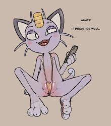 Rule 34 | 1girl, :3, alolan form, alolan meowth, animal ears, animal feet, animal hands, bad id, bad twitter id, bare shoulders, barefoot, black eyes, blush, blush stickers, body fur, brown background, cat ears, cat girl, cat tail, cellphone, coin, collarbone, creatures (company), english text, fangs, fat mons, feet, female focus, flat chest, flat color, full body, furry, furry female, game freak, gen 7 pokemon, half-closed eyes, hand up, happy, holding, holding phone, looking at viewer, nintendo, nipple slip, nipples, one-piece swimsuit, open mouth, orange one-piece swimsuit, partially visible vulva, pawpads, phone, pokemon, pokemon (creature), purple fur, scruffythedeer, simple background, sitting, slingshot swimsuit, slit pupils, smartphone, smile, solo, spread legs, straight-on, swimsuit, tail, talking, toes, tongue, uneven eyes, whiskers