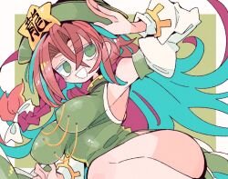 Rule 34 | 1girl, ass, blush, bow, braid, breasts, china dress, chinese clothes, detached sleeves, dress, green dress, green eyes, green hat, hair between eyes, hair bow, hat, hat ornament, hong meiling, large breasts, long hair, looking at viewer, massakasama, open mouth, red hair, smile, solo, star (symbol), star hat ornament, thighs, touhou, white bow, white sleeves