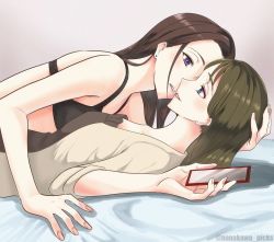 Rule 34 | 2girls, artist name, beige sweater, black bra, blue eyes, blush, bra, brown hair, cellphone, commentary request, eye contact, girl on top, green hair, imminent kiss, lips, long hair, looking at another, lying, multiple girls, nail polish, nakagawa yousuke, on back, on bed, open clothes, original, phone, purple eyes, smartphone, underwear, yuri