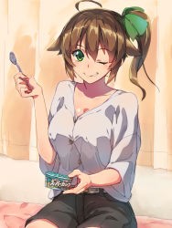 Rule 34 | 1girl, ;), ahoge, bed sheet, bedroom, belt, black shorts, bow, breasts, brown hair, chiharu (9654784), cleavage, collarbone, curtains, dress shirt, green bow, green eyes, grey shirt, grin, hair between eyes, hair bow, highres, holding, holding spoon, indoors, looking at viewer, medium breasts, one eye closed, original, shirt, short hair, short shorts, shorts, side ponytail, sitting, smile, solo, spoon