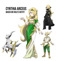 Rule 34 | 1boy, 1girl, alternate costume, arceus, bracelet, breasts, character name, circlet, commentary, creatures (company), cynthia (pokemon), dress, english commentary, game freak, gen 4 pokemon, gold trim, grey eyes, hair over one eye, highres, jewelry, legendary pokemon, long dress, long hair, medium breasts, mythical pokemon, nintendo, official art inset, pencil dress, pokemon, pokemon (creature), pokemon dppt, pokemon legends: arceus, reference inset, rhymewithray, simple background, toes, very long hair, volo (pokemon), white background