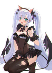 Rule 34 | 1girl, absurdres, animal ears, ayuuuu layz, azur lane, black bow, black thighhighs, blue eyes, blush, bow, breasts, cat ears, chromatic aberration, cleavage, collar, commentary request, covered navel, demon tail, demon wings, fake animal ears, hairband, halloween costume, highres, janus (azur lane), janus (fright-night scaredy-cat) (azur lane), kneeling, long hair, looking at viewer, medium breasts, navel, no shoes, open mouth, scrunchie, see-through, sidelocks, simple background, solo, sweatdrop, tail, thighhighs, torn clothes, torn thighhighs, twintails, very long hair, white background, white hair, wings, wrist scrunchie