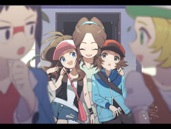 2boys 3girls :d artist_name bag bianca_(pokemon) black_vest black_wristband blue_eyes blue_jacket blurry blurry_foreground brown_hair cheren_(pokemon) closed_eyes cocoloco collarbone commentary_request creatures_(company) dated eyelashes family game_freak hand_on_another&#039;s_shoulder hand_up hat hilbert_(pokemon) hilda_(pokemon) jacket letterboxed long_sleeves multiple_boys multiple_girls nintendo open_clothes open_mouth open_vest pants pink_bag pokemon pokemon_bw shirt shorts shoulder_bag sidelocks smile unova_mother_(bw) vest white_hat white_shirt zipper_pull_tab