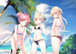 Rule 34 | 3girls, admiral hipper (azur lane), ahoge, azur lane, bare arms, bare legs, bare shoulders, beach, bikini, black bikini, blonde hair, braid, braided bun, breasts, butt crack, closed mouth, cloud, collarbone, commentary request, day, double bun, expressionless, flat chest, frilled bikini, frills, front-tie bikini top, front-tie top, green eyes, hair between eyes, hair bun, hair over one eye, hands on own hips, highres, innertube, ka11 ca, leaning forward, looking at viewer, maid headdress, medium breasts, medium hair, multiple girls, navel, ocean, outdoors, palm tree, pink bikini, pink eyes, pink hair, red bikini, sand, saratoga (azur lane), sheffield (azur lane), short hair, shoulder blades, small breasts, smile, stomach, swept bangs, swim ring, swimsuit, tree, two side up, yellow eyes