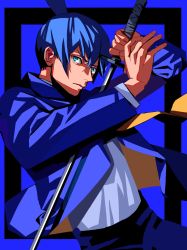 Rule 34 | 1boy, blue background, blue eyes, blue hair, blue jacket, blue theme, chainsaw man, formal, hayakawa aki, highres, holding, holding sword, holding weapon, jacket, looking at viewer, necktie, riki (riki unc), shirt, short hair, simple background, solo, suit, sword, topknot, weapon, white shirt, yellow necktie