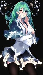 Rule 34 | 1girl, absurdres, adapted costume, arrow (projectile), black background, black thighhighs, blue eyes, blue skirt, breasts, capelet, cloud, collared shirt, commentary request, cowboy shot, frog, gohei, green hair, hair between eyes, hand up, highres, kochiya sanae, long hair, looking at viewer, medium breasts, migata, miniskirt, no bra, one eye closed, oonusa, open clothes, open shirt, ripples, shide, shirt, simple background, skirt, smile, snake, solo, standing, starry sky print, thighhighs, touhou, translation request, white shirt, wide sleeves, wing collar, zettai ryouiki