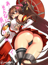 Rule 34 | 10s, 1girl, ass, back, breasts, brown eyes, brown hair, cherry blossoms, flower, hair flower, hair ornament, highres, kantai collection, large breasts, long hair, miniskirt, oil-paper umbrella, open mouth, panties, pantyshot, pleated skirt, ponytail, skirt, solo, surprised, thong, translation request, umbrella, underwear, upskirt, very long hair, yamato (kancolle), yapo (croquis side)
