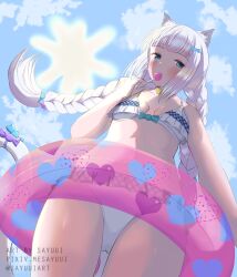 Rule 34 | 1girl, animal ears, arm at side, bare legs, bare shoulders, bell, bikini, blue bow, blue eyes, blunt bangs, blush, bow, braid, breasts, candy, cat, cat ears, cat tail, cloud, dot nose, eyelashes, food, frilled bikini, frills, from below, gluteal fold, hair bow, half-closed eyes, hand up, heart, heart print, holding, holding candy, holding food, holding lollipop, holding swim ring, innertube, lollipop, looking at viewer, low-braided long hair, low-tied long hair, neck bell, nekopara, o-ring, o-ring bikini, parted lips, pink innertube, purple bow, sayuui, shaded face, sidelocks, sky, small breasts, sunlight, swim ring, swimsuit, tail, tail bow, tail ornament, thigh gap, thighs, twin braids, twintails, vanilla (nekopara), white bikini, white hair, white tail