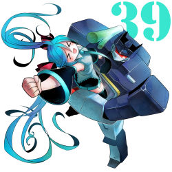 Rule 34 | &gt; &lt;, 1girl, 39, absurdres, aqua hair, aqua necktie, assault visor, bare shoulders, black skirt, black sleeves, black thighhighs, carrying, carrying person, clenched hand, closed eyes, commentary, crossover, decepticon, detached sleeves, foreshortening, grey shirt, hair ornament, hair ribbon, hatsune miku, headphones, highres, long hair, mecha, miniskirt, necktie, outstretched arm, pleated skirt, red eyes, ribbon, rkp, robot, shirt, skirt, sleeveless, sleeveless shirt, soundwave (transformers), spring onion, standing, striped ribbon, thighhighs, transformers, twintails, very long hair, vocaloid, white background