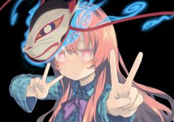 Rule 34 | 1girl, arms up, berabou, black background, blue fire, blue shirt, bow, bowtie, closed mouth, double v, energy, fire, hair between eyes, hands up, hata no kokoro, long hair, long sleeves, looking at viewer, mask, pink eyes, pink hair, plaid, plaid shirt, purple bow, purple bowtie, shirt, simple background, solo, touhou, upper body, v
