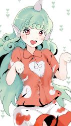 Rule 34 | 1girl, absurdres, bad id, bad pixiv id, curly hair, green hair, hidden star in four seasons, highres, honi (honix3), horns, komano aunn, long hair, open mouth, paw pose, red eyes, red shirt, shirt, shorts, single horn, solo, touhou, very long hair, white shorts