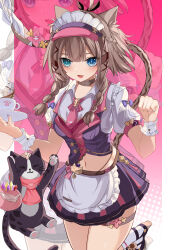 Rule 34 | 1girl, absurdres, animal ears, apron, black cat, black shirt, black skirt, blue eyes, braid, breasts, brown hair, can (honkai impact), cat, cat ears, cat girl, cat tail, cup, green eyes, hair between eyes, hat, heterochromia, high heels, highres, holding, holding plate, honkai (series), honkai impact 3rd, maid, maid apron, medium breasts, medium hair, midriff, navel, pardofelis, pardofelis (meowtose macchiato), pink background, pink hat, plate, puffy short sleeves, puffy sleeves, shirt, short sleeves, skirt, socks, tail, teacup, thigh strap, thighs, twin braids, ufotram, white apron, white socks, zoom layer