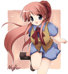 Rule 34 | mizoguchi keiji, original, pink background, ponytail, red hair, school uniform, serafuku, simple background, solo, tagme, white background