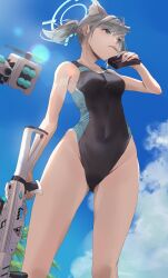 Rule 34 | 1girl, animal ear fluff, animal ears, black one-piece swimsuit, blue archive, blue eyes, blue sky, breasts, cloud, commentary, competition swimsuit, covered navel, cross hair ornament, day, drone, extra ears, feet out of frame, from below, grey hair, gun, hair ornament, halo, highres, kuu (user gngs5284), low ponytail, magazine (weapon), medium breasts, medium hair, mismatched pupils, mouth hold, multicolored clothes, multicolored swimsuit, official alternate costume, one-piece swimsuit, outdoors, rifle, shiroko (blue archive), shiroko (swimsuit) (blue archive), sky, sniper rifle, solo, standing, swimsuit, weapon, wolf ears