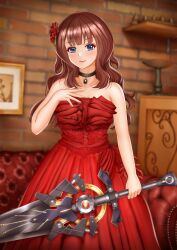 Rule 34 | 1girl, arm at side, assault lily, bare arms, bare shoulders, black choker, blunt bangs, blurry, blurry background, blush, brown hair, choker, closed mouth, collarbone, commentary request, couch, cowboy shot, dress, fingernails, flower, hand on own chest, hand up, highres, holding, holding sword, holding weapon, imai tomohiro, indoors, jewelry, kaede johan nouvel, light blush, light smile, long hair, looking at viewer, pendant, pendant choker, picture frame, red dress, red flower, red rose, ring, rose, sidelocks, solo, standing, strapless, strapless dress, sword, weapon