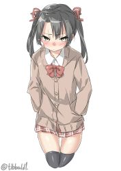Rule 34 | 10s, 1girl, alternate costume, bad id, bad twitter id, black hair, black thighhighs, blush, bow, bowtie, buttons, collared shirt, cowboy shot, cropped legs, ebifurya, eyebrows, hair ribbon, hands in pockets, highres, inactive account, kantai collection, long sleeves, looking at viewer, plaid, plaid skirt, pleated skirt, red bow, red bowtie, red ribbon, ribbon, school uniform, shirt, simple background, skirt, solo, sweatdrop, sweater, thigh gap, thighhighs, twintails, twitter username, white background, white shirt, yellow eyes, zuikaku (kancolle)
