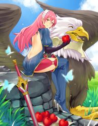 Rule 34 | 1girl, alternate hair color, ass, backless outfit, blush, boots, breasts, butt crack, dress, elbow gloves, falchion (fire emblem), fire emblem, fire emblem awakening, from behind, gloves, griffon, headdress, high heel boots, high heels, highres, large breasts, long hair, looking at viewer, lucina (fire emblem), nintendo, pink eyes, pink hair, redkite, shiny skin, short dress, sideboob, sitting, smile, solo, sword, thigh boots, thighhighs, weapon