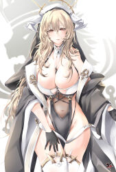 Rule 34 | 1girl, absurdres, azur lane, bare shoulders, between breasts, black gloves, blonde hair, breast cutout, breasts, cleavage, commentary request, covered navel, cowboy shot, fake horns, gloves, gudon (iukhzl), habit, hair between eyes, half gloves, hand on own thigh, highres, horns, implacable (azur lane), large breasts, long bangs, long hair, long sleeves, looking at viewer, nun, pelvic curtain, red eyes, revealing clothes, royal navy emblem (azur lane), see-through, simple background, solo, standing, thighhighs, veil, very long hair, white background, white horns, white thighhighs, wide sleeves