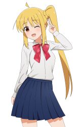 Rule 34 | 1girl, ;d, ahoge, blonde hair, blue skirt, bocchi the rock!, bow, commentary, cowboy shot, dress shirt, highres, ijichi nijika, long hair, long sleeves, looking at viewer, miniskirt, one eye closed, open mouth, pleated skirt, red bow, red eyes, school uniform, shimokitazawa high school uniform, shirt, side ponytail, sidelocks, simple background, skirt, smile, solo, standing, v, white background, white shirt, wing collar, yisusjpl