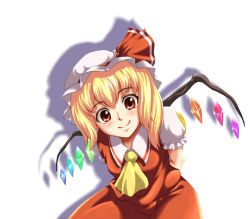 Rule 34 | 1girl, bent over, blonde hair, blush, collared shirt, female focus, flandre scarlet, hair between eyes, hat, leaning forward, mob cap, red eyes, seven star, shirt, short hair, smile, solo, touhou, white background, white hat, wings