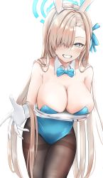 Rule 34 | 1girl, absurdres, animal ears, asuna (blue archive), asuna (bunny) (blue archive), bare shoulders, blue archive, blue background, blue bow, blue bowtie, blue eyes, blue leotard, blue ribbon, bow, bowtie, breasts, brown hair, brown pantyhose, cleavage, clenched teeth, commentary request, detached collar, fake animal ears, gloves, grin, hair over one eye, hair ribbon, highres, large breasts, leotard, long hair, looking at viewer, miyama mizuki (hoshihoshi1220), mole, mole on breast, official alternate costume, pantyhose, playboy bunny, rabbit ears, ribbon, simple background, smile, solo, teeth, very long hair, white gloves