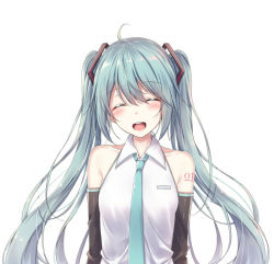 Rule 34 | 1girl, :d, ^ ^, ahoge, akira (been0328), bad id, bad pixiv id, bare shoulders, black sleeves, blush, breasts, closed eyes, collarbone, collared shirt, commentary request, detached sleeves, facing viewer, green hair, green necktie, hair ornament, hatsune miku, long hair, necktie, open mouth, shirt, simple background, sleeveless, sleeveless shirt, small breasts, smile, solo, teeth, twintails, upper body, upper teeth only, very long hair, vocaloid, white background, white shirt