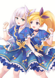Rule 34 | 2girls, :d, arm hug, blonde hair, blue dress, bug, butterfly, choker, commission, dress, emily stewart, eye contact, frilled sleeves, frills, hair ribbon, hairband, highres, holding another&#039;s arm, idolmaster, idolmaster million live!, idolmaster million live! theater days, infinite sky (idolmaster), insect, looking at another, multiple girls, open mouth, pixiv commission, ribbon, sebu illust, shiraishi tsumugi, short sleeves, simple background, smile, white background, white hair, wrist cuffs