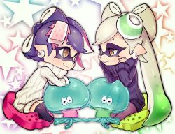 Rule 34 | 2girls, alternate costume, alternate hairstyle, black thighhighs, brown eyes, callie (splatoon), closed mouth, cousins, cross-shaped pupils, dress, earrings, food, food on head, gradient hair, green hair, grey hair, hairstyle switch, hands up, highres, inkling, jellyfish (splatoon), jewelry, long hair, long sleeves, looking at another, marie (splatoon), multicolored hair, multiple girls, nintendo, object on head, pantyhose, pink hair, pointy ears, puchiman, purple dress, purple hair, purple pantyhose, ribbed dress, short hair, sitting, smile, splatoon (series), star (symbol), starry background, sweater, sweater dress, symbol-shaped pupils, tentacle hair, thighhighs, turtleneck dress, two-tone hair, white dress, zettai ryouiki