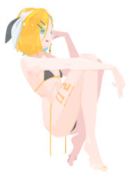 Rule 34 | 1girl, :q, absurdres, barefoot, bikini, black bikini, blonde hair, blue eyes, bow, breasts, closed mouth, commentary request, full body, hair between eyes, hair bow, hair ornament, hairclip, hara id 21, highres, kagamine rin, leg tattoo, long bangs, looking at viewer, nail polish, no lineart, number tattoo, short hair, simple background, sitting, small breasts, smile, solo, swimsuit, tattoo, toenail polish, toenails, tongue, tongue out, vocaloid, white background, white bow, yellow nails