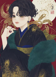 Rule 34 | 1girl, absurdres, aqua shawl, bird, black hair, black kimono, blue nails, circle, commentary, earrings, feather print, fenghuang, fur (clothing), fur shawl, green shawl, hand up, highres, japanese clothes, jewelry, kimono, long sleeves, looking at viewer, nail polish, obi, obiage, original, parted hair, parted lips, peacock feathers, red background, ring, sash, seal impression, seigaiha, shawl, short hair, signature, sitting, solo, upper body, ushiyama ame, wavy hair, yellow eyes, yellow sash