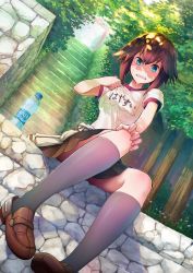 Rule 34 | 10s, 1girl, blue eyes, bottle, brown hair, clothes around waist, convenient leg, day, gym shirt, gym uniform, hayasui (kancolle), jacket, jacket around waist, kantai collection, loafers, looking at viewer, outdoors, shirt, shoes, short hair, sitting, sitting on stairs, skirt, solo, stairs, tomamatto, track jacket, water bottle