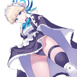 Rule 34 | 1girl, apron, black leotard, blonde hair, blue archive, blue bow, blue bowtie, blue eyes, blue ribbon, bow, bowtie, bun cover, clothes lift, commentary request, from below, hair ribbon, halo, highres, leotard, long sleeves, looking at viewer, maid, maid headdress, parted lips, ribbon, short hair, simple background, skirt, skirt lift, solo, suyasuya (user tjnw5554), tactical maid, thigh strap, toki (blue archive), unconventional maid, white apron, white background