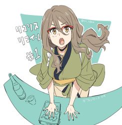 Rule 34 | 1girl, book, bottle, copyright name, cup, glasses, green kimono, hair between eyes, highres, japanese clothes, kimono, light brown hair, long hair, looking at viewer, lycoris recoil, nakahara mizuki, partially colored, red-framed eyewear, rr tdna, solo, twitter username, wavy hair, yellow eyes