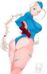 Rule 34 | 2girls, absurdres, ass, blonde hair, blue eyes, blue headwear, blue leotard, braid, breasts, cammy white, camouflage, capcom, chibi, chun-li, facial scar, fingerless gloves, from behind, gloves, hat, highres, large breasts, leotard, long hair, looking back, maruyaa (malya1006), multiple girls, red gloves, scar, scar on cheek, scar on face, sideboob, simple background, sketch, street fighter, thighs, twin braids, white background