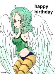 Rule 34 | 1girl, brown eyes, donquixote pirates, green hair, harpy, monet (one piece), monster girl, one piece, simple background, solo, striped legwear, tank top, wings