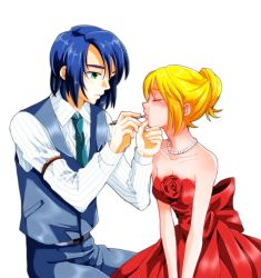 Rule 34 | 1boy, 1girl, aqua necktie, athrun zala, bad id, bad pixiv id, blonde hair, blue hair, blue pants, blue vest, breasts, cagalli yula athha, cleavage, closed eyes, collarbone, collared shirt, dress, evening gown, green eyes, gundam, gundam seed, hair between eyes, holding, jewelry, long dress, maccha (jam513), makeup, necklace, necktie, pants, parted lips, red dress, shirt, short hair, simple background, sleeveless, sleeveless dress, strapless, strapless dress, striped clothes, striped shirt, vertical-striped clothes, vertical-striped shirt, vest, white background, wing collar