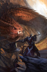 Rule 34 | 1boy, armor, axe, battle axe, dragon, fangs, from behind, full armor, halberd, helmet, highres, huge weapon, in ho choi, knight, male focus, manly, monster, nostrils, polearm, scales, solo, talons, teeth, weapon