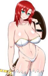 Rule 34 | 1girl, bare shoulders, boudica (fate), breasts, collarbone, commentary, cowboy shot, dot nose, fate/grand order, fate (series), green eyes, highres, komusou (jinrikisha), large breasts, looking at viewer, navel, red hair, sagging breasts, shield, shiny skin, simple background, smile, sword, weapon, white background