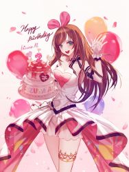 Rule 34 | :d, armlet, balloon, bare shoulders, birthday, birthday cake, black bow, bow, breasts, cake, cheule (classic t), cleavage, dress, food, green eyes, hairband, hand up, happy birthday, highres, holding, holding cake, holding food, jewelry, kizuna ai, kizuna ai (anniversary), kizuna ai inc., lace, legband, medium breasts, multicolored hair, open mouth, pink bow, pink hairband, pink ribbon, ribbon, shirt, sleeveless, sleeveless dress, sleeveless shirt, smile, solo, streaked hair, swept bangs, thigh strap, two-tone hair, virtual youtuber, white dress