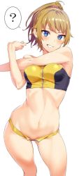 Rule 34 | 1girl, ?, bare shoulders, bikini, blue eyes, blush, breasts, brown hair, commentary request, gundam, gundam build fighters, gundam build fighters try, hiiragi yuuichi, hoshino fumina, looking at viewer, medium breasts, navel, parted lips, ponytail, scrunchie, shiny skin, simple background, smile, solo, spoken question mark, standing, stomach, stretching, swimsuit, teeth, white background, yellow bikini, zipper