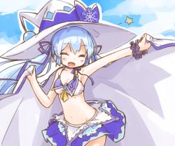 Rule 34 | 1girl, adapted costume, alternate costume, armpits, bikini, bikini top only, blue hair, blue sky, bow, breasts, cape, cape lift, cloud, cloudy sky, commentary, cowboy shot, day, dera fury, closed eyes, facing viewer, hair ribbon, hat, hat bow, hatsune miku, holding, holding cape, holding clothes, large hat, layered bikini, light blue hair, long hair, open mouth, outdoors, ribbon, scrunchie, sky, small breasts, smile, snowflake print, star (symbol), swimsuit, twintails, very long hair, vocaloid, white bikini, witch hat, wrist scrunchie, yuki miku, yuki miku (2014)