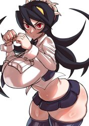Rule 34 | 1girl, black hair, breasts, clenched hands, cowboy shot, fighting stance, filia (skullgirls), fukamichi ran&#039;ou, huge breasts, long hair, looking at viewer, necktie, pleated skirt, red eyes, school uniform, skirt, skullgirls, solo, thick thighs, thighs, white background, wide hips