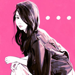 Rule 34 | 1girl, dress, from side, hair over one eye, hand on own knee, ilya kuvshinov, jacket, jacket on shoulders, knee up, leather, leather jacket, lips, long hair, looking to the side, monochrome, original, pink background, solo
