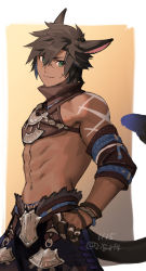 Rule 34 | 1boy, abs, abstract background, animal ears, arm tattoo, armor, warrior of light (ff14), bare shoulders, blue hair, blue tail, brown collar, brown fur, brown hair, brown sleeves, brown tail, cat boy, cat tail, closed mouth, collar, colored inner hair, commentary, cowboy shot, dark-skinned male, dark skin, dated, detached sleeves, eyebrows, eyebrows hidden by hair, facial scar, final fantasy, final fantasy xiv, fur, fur-trimmed armor, fur trim, gradient background, green eyes, hair between eyes, hand on own hip, high collar, looking to the side, making-of available, male focus, medieval, medium hair, messy hair, midriff, miqo&#039;te, mn (zig r14), multicolored hair, multicolored tail, navel, pectoral peek, plate armor, scar, scar on cheek, scar on face, scar on nose, sidelocks, sideways glance, simple background, smile, solo, split mouth, standing, tail, tattoo, toned, toned male, tribal, tribal tattoo, twitter username, two-tone hair, white background, white tattoo, wristband, yellow background