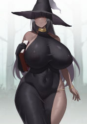 Rule 34 | 1girl, absurdres, asakura kukuri, bare arms, bare shoulders, black dress, black gloves, black hair, blunt bangs, book, borrowed character, bracelet, breasts, commentary request, covered erect nipples, covered eyes, covered navel, cowboy shot, curvy, dark-skinned female, dark skin, dress, elbow gloves, facing viewer, gloves, hair over eyes, halter dress, halterneck, hat, highres, holding, holding book, huge breasts, impossible clothes, impossible dress, jewelry, long hair, narrow waist, neckly (fujou joshi), nipples, original, panties, panty peek, see-through, shaded face, side slit, single elbow glove, skin tight, sleeveless, sleeveless dress, solo, thong, underwear, very long hair, wide hips, witch, witch hat