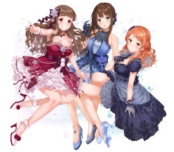 Rule 34 | :o, arm up, black gloves, blue dress, blue gloves, breasts, brown hair, choker, cleavage, closed mouth, dress, eternal bloom (idolmaster), eyebrows, floral print, full body, gem, gloves, green eyes, hair ornament, half gloves, highres, hojo karen, idolmaster, idolmaster cinderella girls, jewelry, kamiya nao, large breasts, long hair, looking at viewer, necklace, outstretched arm, red dress, red eyes, shibuya rin, sirurabbit, sleeveless, sleeveless dress, smile, triad primus, yellow eyes
